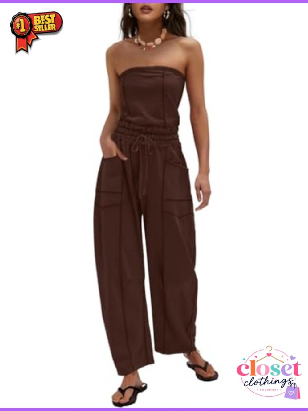 Women's Strapless Wide Leg Jumpsuit Sleeveless Romper with Pockets